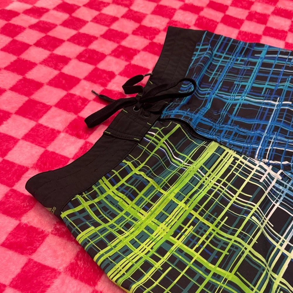 Adidas Blue and Lime Plaid Men’s Swim Trunks